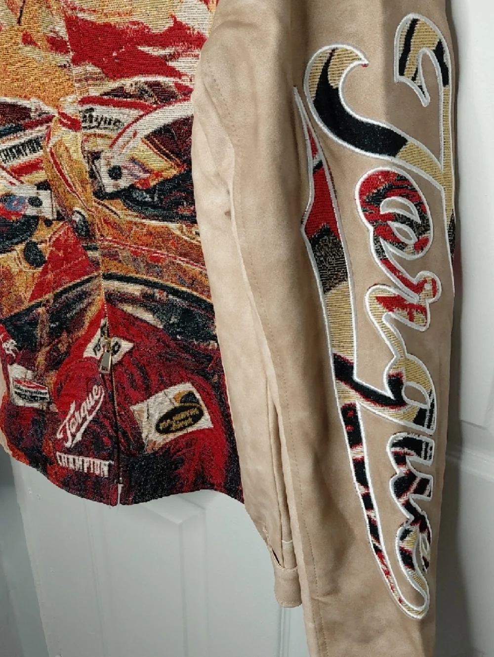 Beige Racing Graphic Leather Jacket - Picture 3 of 12